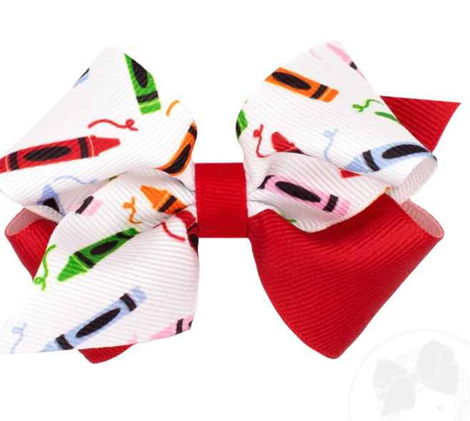 Extra Small Back to School Colorblock Crayon Print Hair Bow | Persnickety