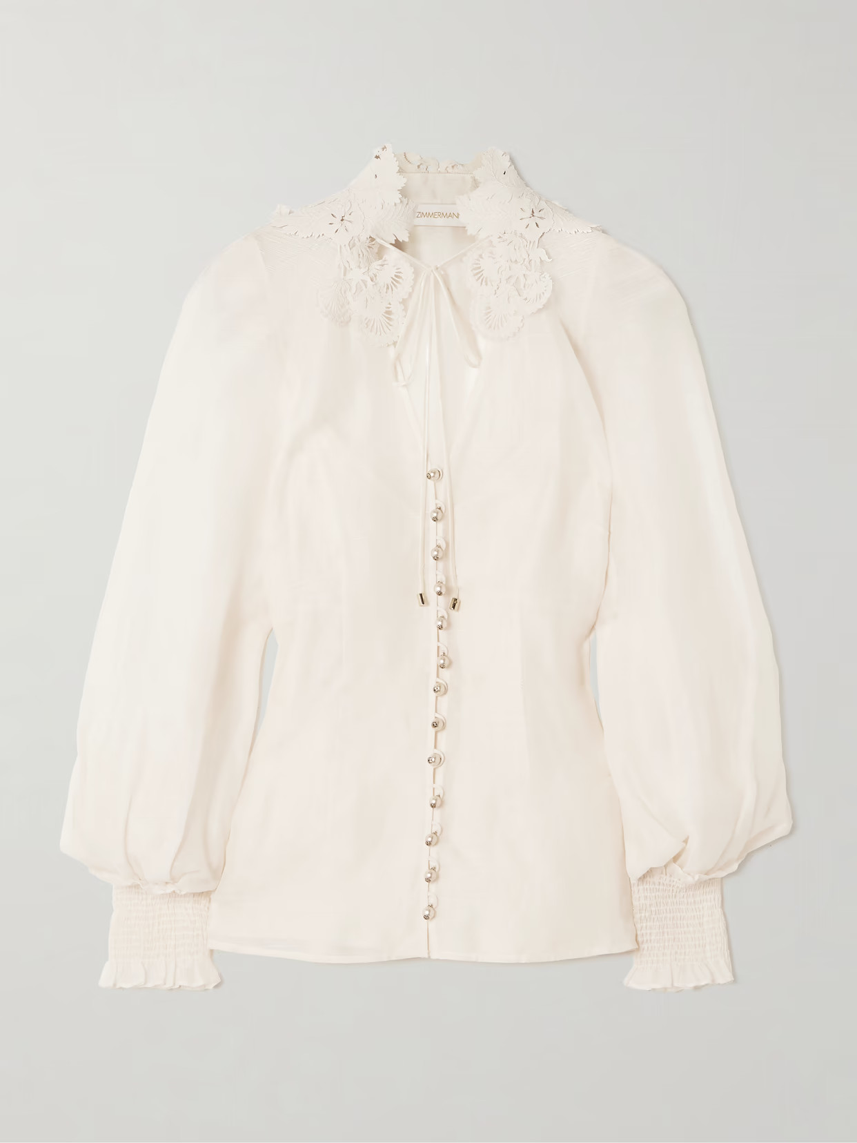 Zimmermann - Rebellion Lace-trimmed Gathered Linen And Silk-blend Gauze Blouse - Cream | NET-A-PORTER (US)