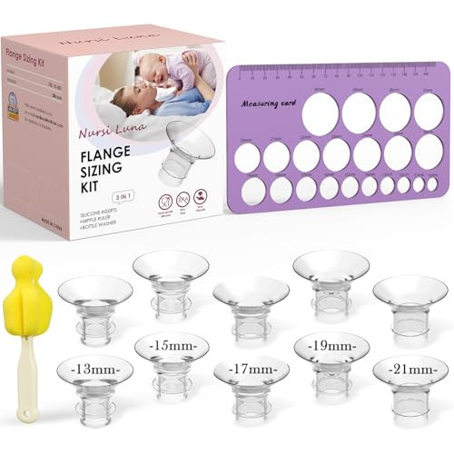 Nursi Luna Flange Sizing Kit 3 in 1 Ultimate with 10PCS Flange Inserts 13/15/17/19/21mm, Nipple Ruler, Cleaning Brush, Silicone Flange Insert Kit for 24mm Most Pumps, Pumping Breastfeeding Essentials | Amazon (US)