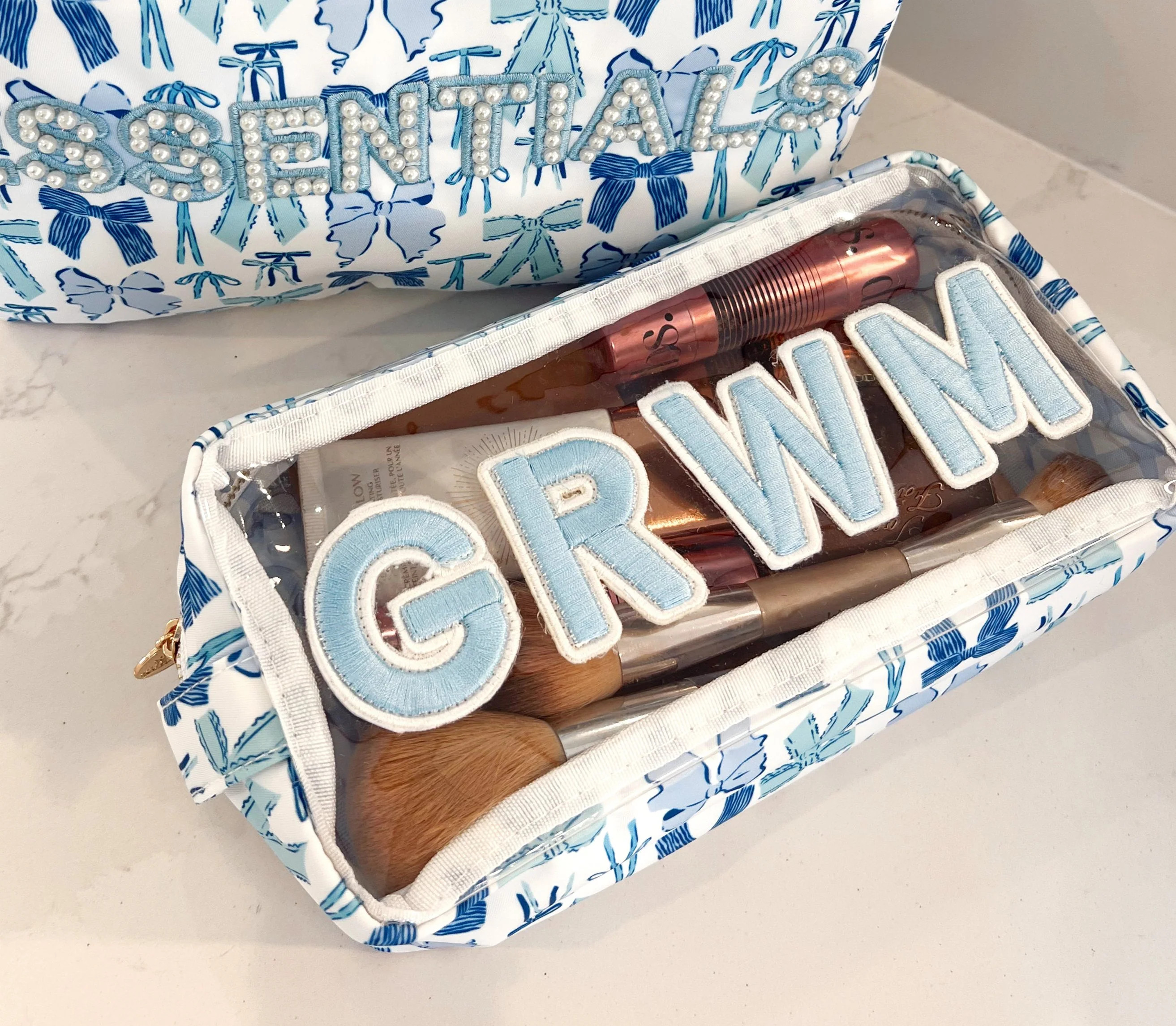 GRWM - Blue Bows Clear Large Makeup Bag | KenzKustomz