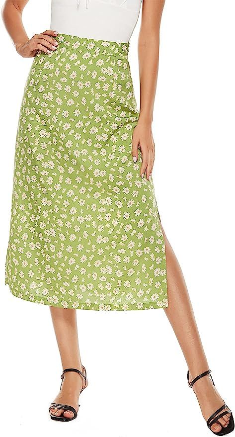 LYANER Women's Casual Print Side Split High Waist Zipper Midi Skirt | Amazon (US)