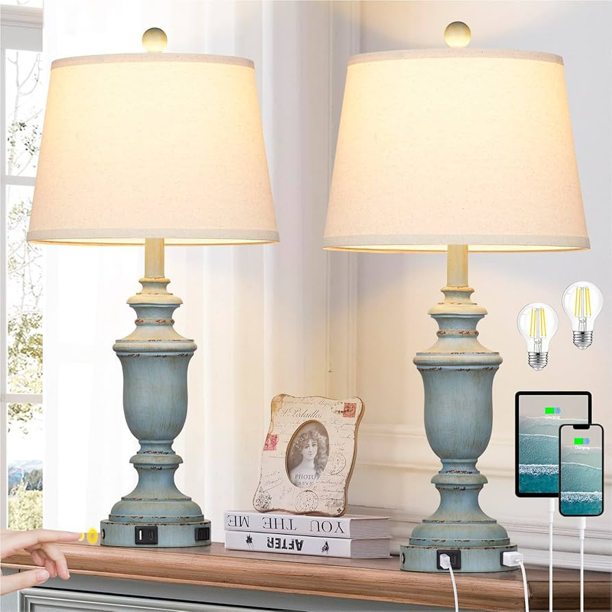 25.6" Coastal Table Lamps Set of 2 with USB C+A Ports & AC Outlet for Rustic Living Room Retro Be... | Amazon (CA)