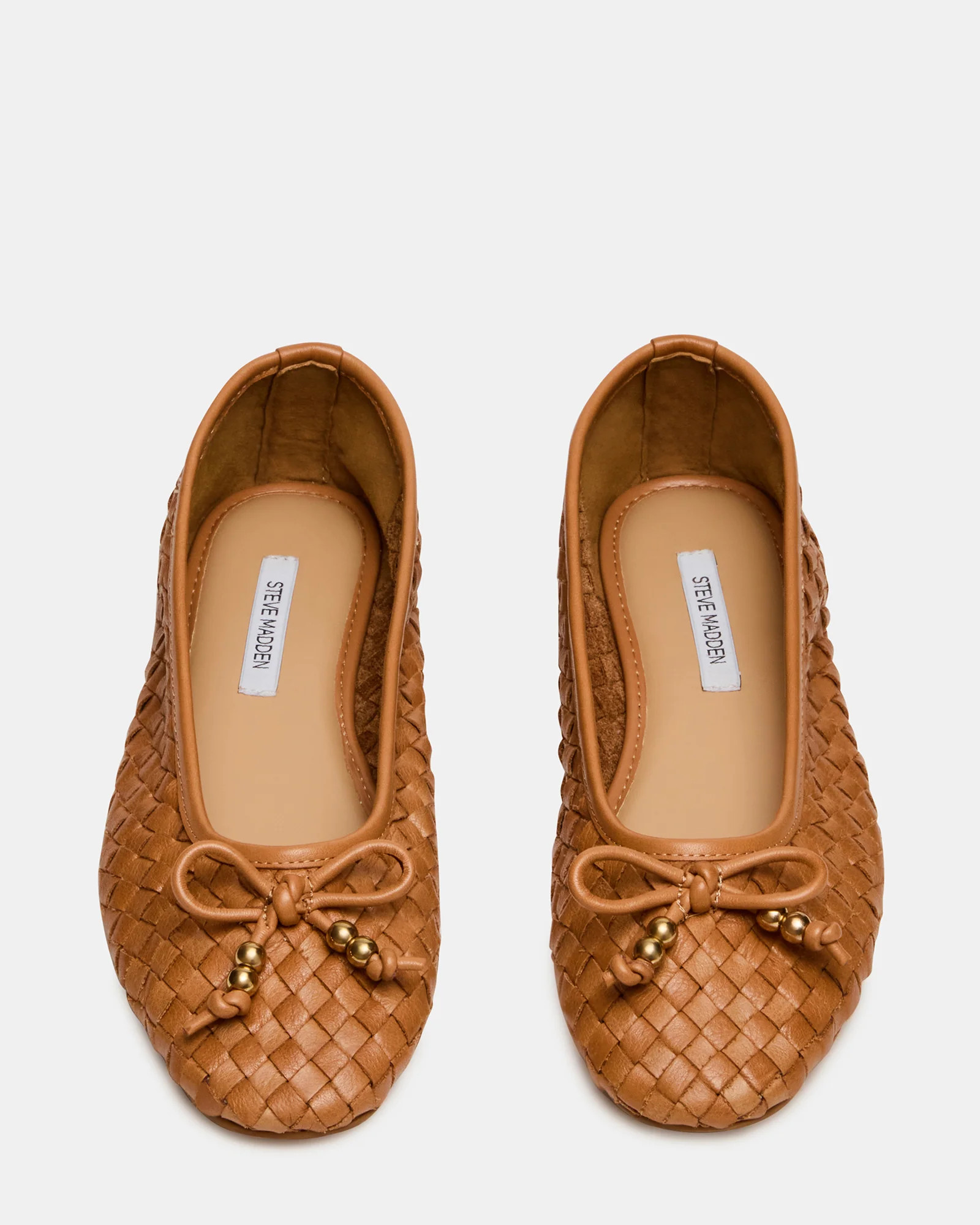 DIVY Cognac Leather Woven Bow Ballet Round-Toe Women's Flat | Steve Madden (US)