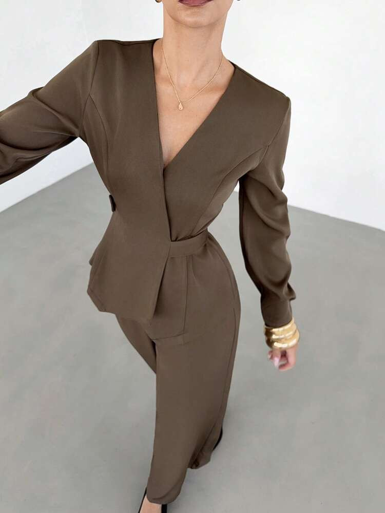 Siren Gaze Women's Brown Commuter Suit Set, Autumn/Winter Brown Elegant Suit Long Sleeve Work Set Elegant Pantsuit | SHEIN