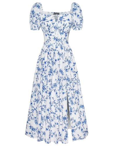 Scarlet Darkness Women's Floral Corset Dress with Split 2026 Summer Spring Square Neck Midi Milkmaid Dresses White Deep-Blue Floral L | Amazon (US)