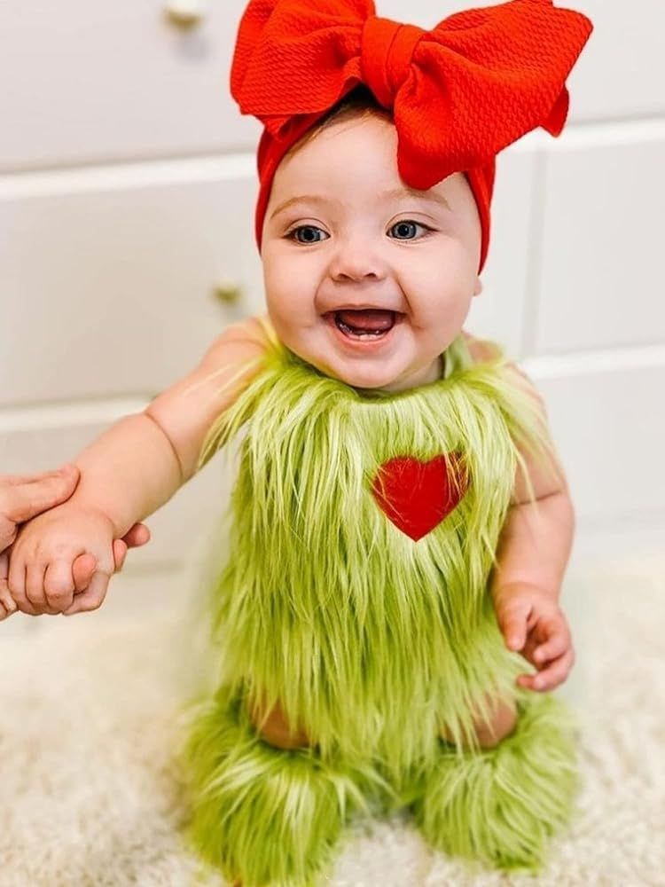 Newborn Baby Girl Christmas Costume Suit 0-24M Infant Girls Hairy Jumpsuit Headband + Leg Warmer Clo | Amazon (US)