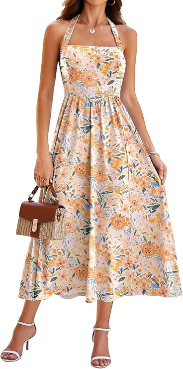 Sureple Women's Summer Halter Midi Dress with Pockets Sleeveless Drop Waist Swing Aline Flowy Bea... | Amazon (US)