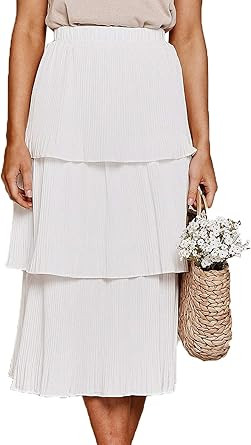 PRETTYGARDEN Women’s Elegant Chiffon Solid High Waist Layered Pleated A-Line Midi Swing Skirt | Amazon (US)