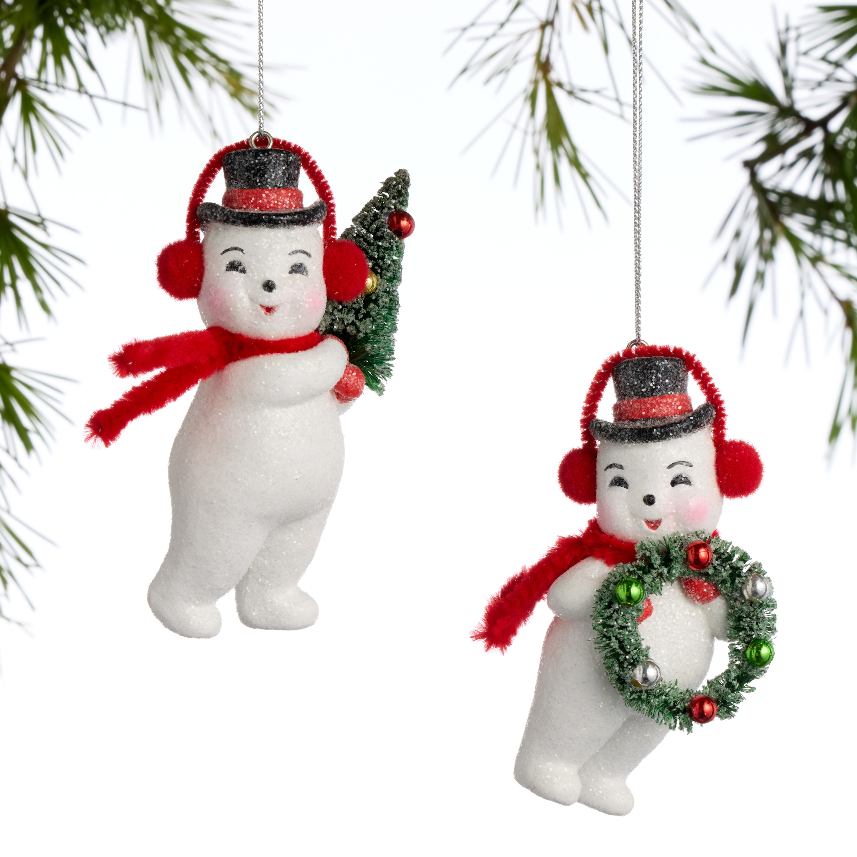 Retro Glittered Paper Pulp Snowman Ornaments Set of 2 - World Market | World Market