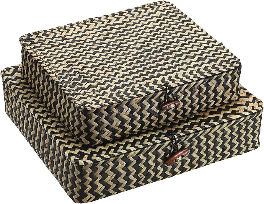 Hipiwe Woven Storage Basket with lid - Flat Wicker Storage Baskets Bins Natural Seagrass Storage ... | Amazon (US)