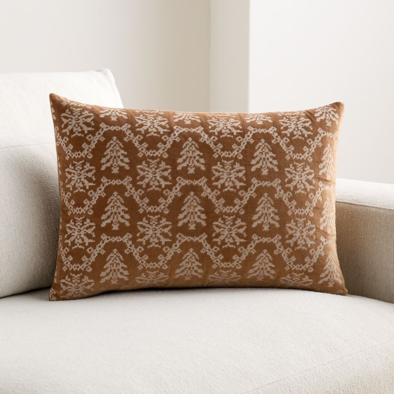 Embroidered Garland Velvet 22"x15" Camel Tan Throw Pillow Cover | Crate & Barrel