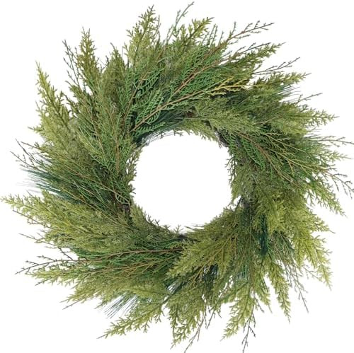 20” Green Faux Norfolk Pine Christmas Winter Wreath – Mixed with Real Touch Fake Cypress, Ced... | Amazon (US)