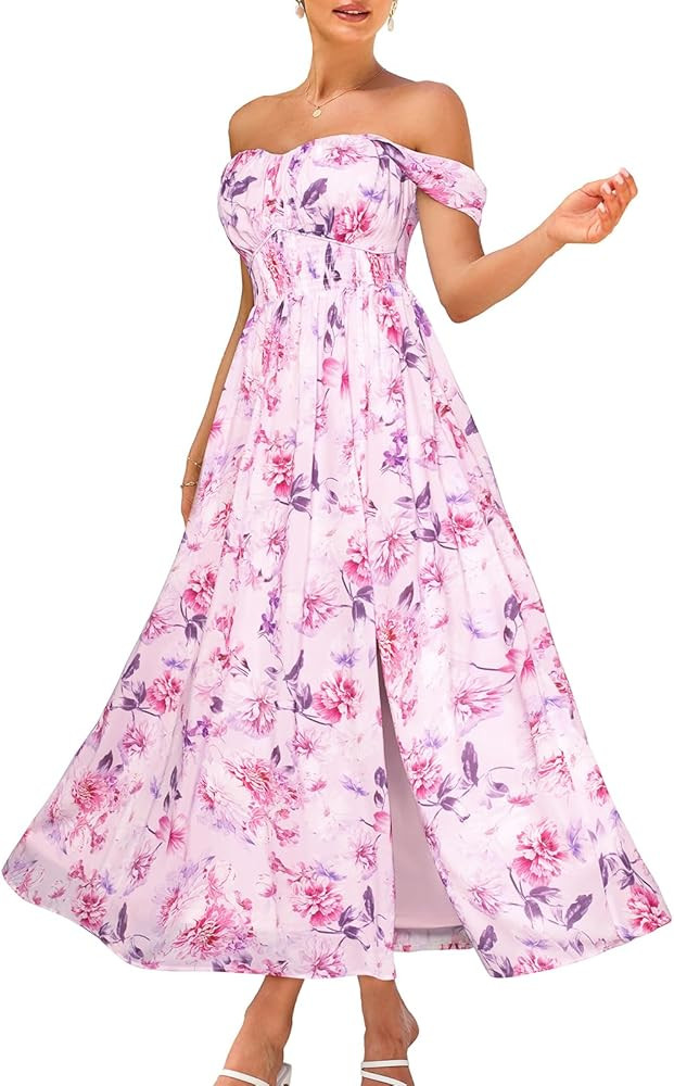 GRACE KARIN 2025 Women's Summer Floral Print Flowy A Line Maxi Dresses Sleeveless Smocked Off Sho... | Amazon (US)