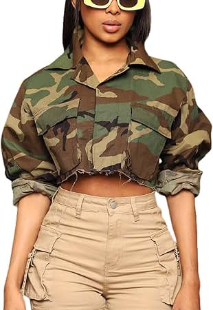 VDWIP Camo Jacket for Women Cropped Denim Bomber Jacket Army Fatigue Camouflage Jacket Coat | Amazon (US)
