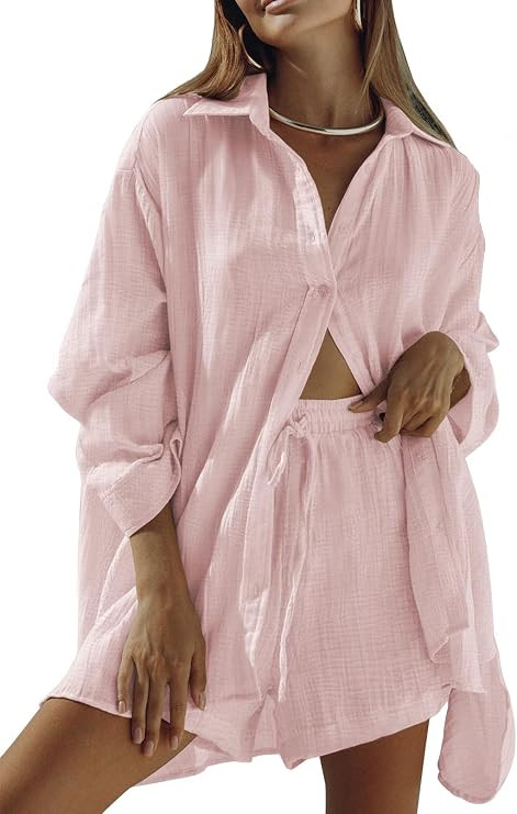 Fixmatti Women 2 Piece Outfits Long Sleeve Button Down Blouse and Shorts Sweatsuit Sets | Amazon (US)
