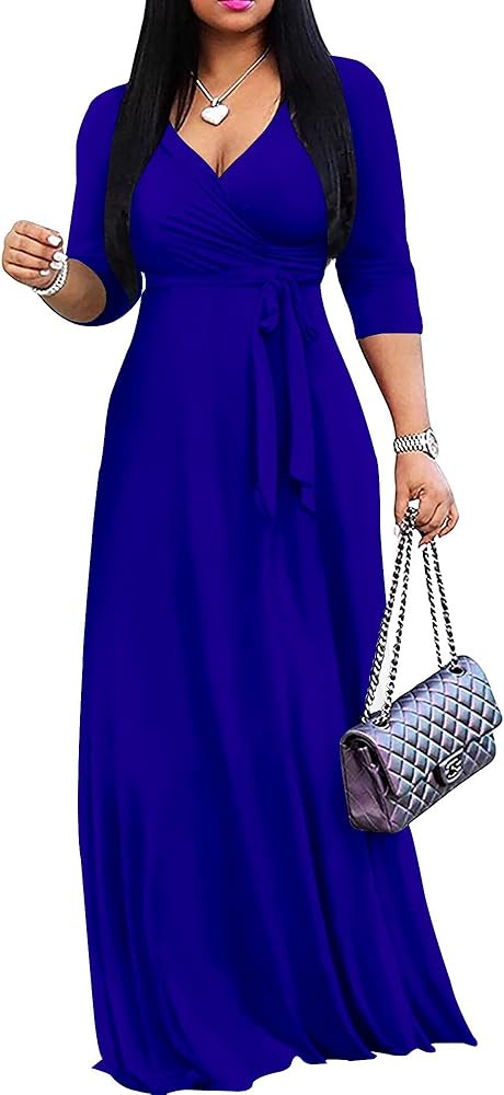 Mrskoala Women Plus Size Long Maxi Wrap Dresses Summer Sundress V-Neck 3/4 Sleeve | Amazon (US)