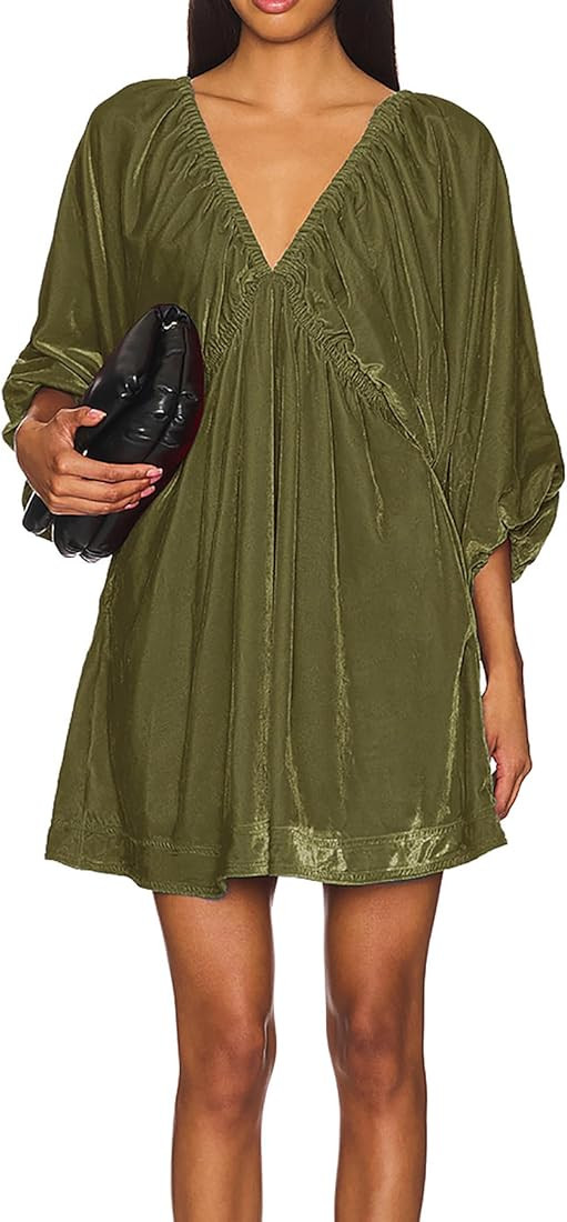 R.Vivimos Womens Fall Velvet Tunic Dress 2024 Trendy Sexy Deep V Neck 3/4 Sleeve Elastic Waist Lo... | Amazon (US)