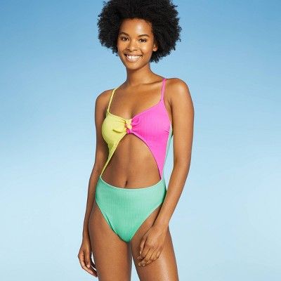 Juniors' Ribbed Colorblock Tie-Front One Piece Swimsuit - Xhilaration™ Multi | Target