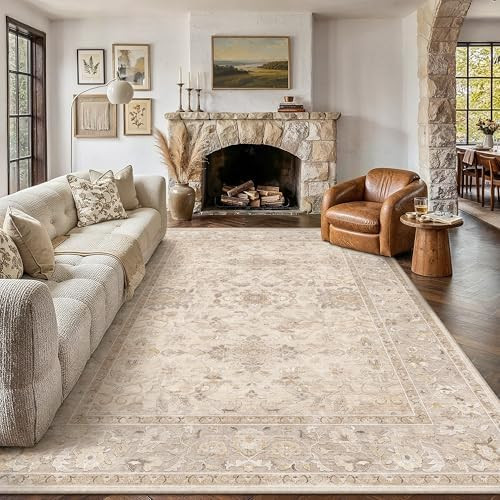 8x10 Beige Washable Area Rug Non Slip Vintage Carpet | Soft Low Pile, Lightweight Foldable, Pet F... | Amazon (US)
