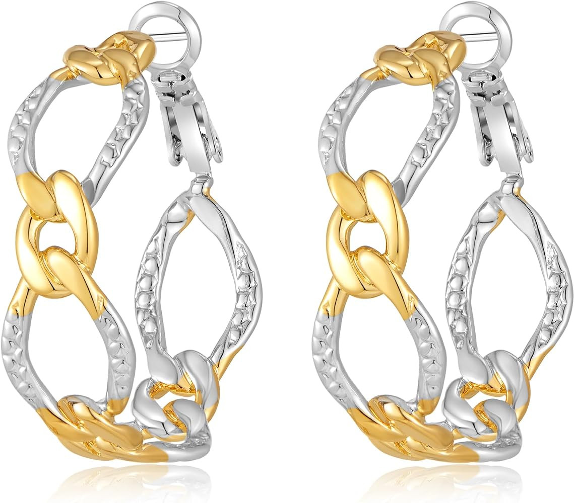 Two Tone Chain Link Drop Earrings Chunky Gold and Silver Mixed Metal Statement Earrings for Women | Amazon (US)