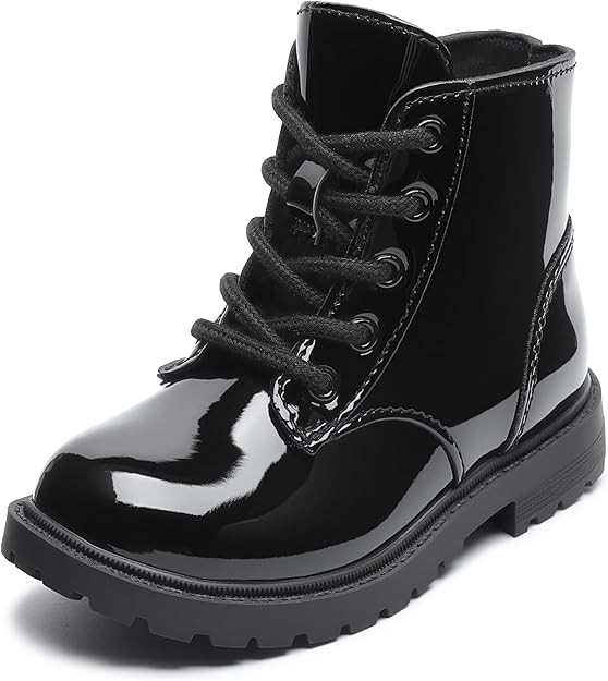 Girls Dress Boots Waterproof Combat Boots Lace Up Side Zipper Patent Ankle Booties for Toddler/Li... | Amazon (US)