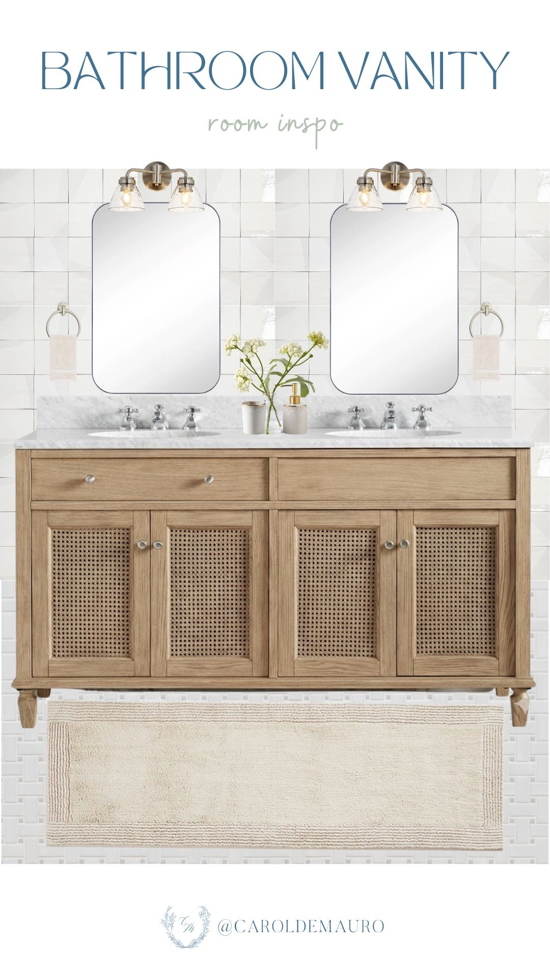 Ready for a space that feels like a boutique hotel, this is the mood! You’ll love how the brushed gold sconces and matching towel rings pop against the white tile. Complete it with a plush runner rug and some simple greenery to bring the whole vanity together.

bathroom inspo, vanity corner, bathroom accessories, spa at home, interior design, bathroom remodel, home renovation, neutral aesthetic

#LTKSeasonal #LTKU #LTKHome