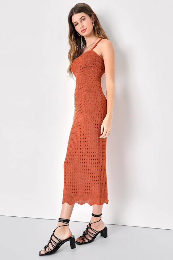 Ventura Vision Rust Orange Crochet Lace-Up Midi Dress | Lulus (US)