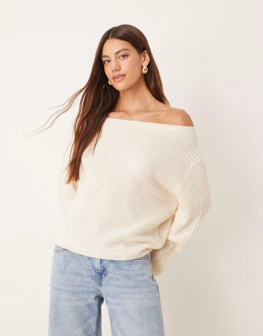 ASOS DESIGN knitted off the shoulder slouchy jumper in cream-White | ASOS (Global)