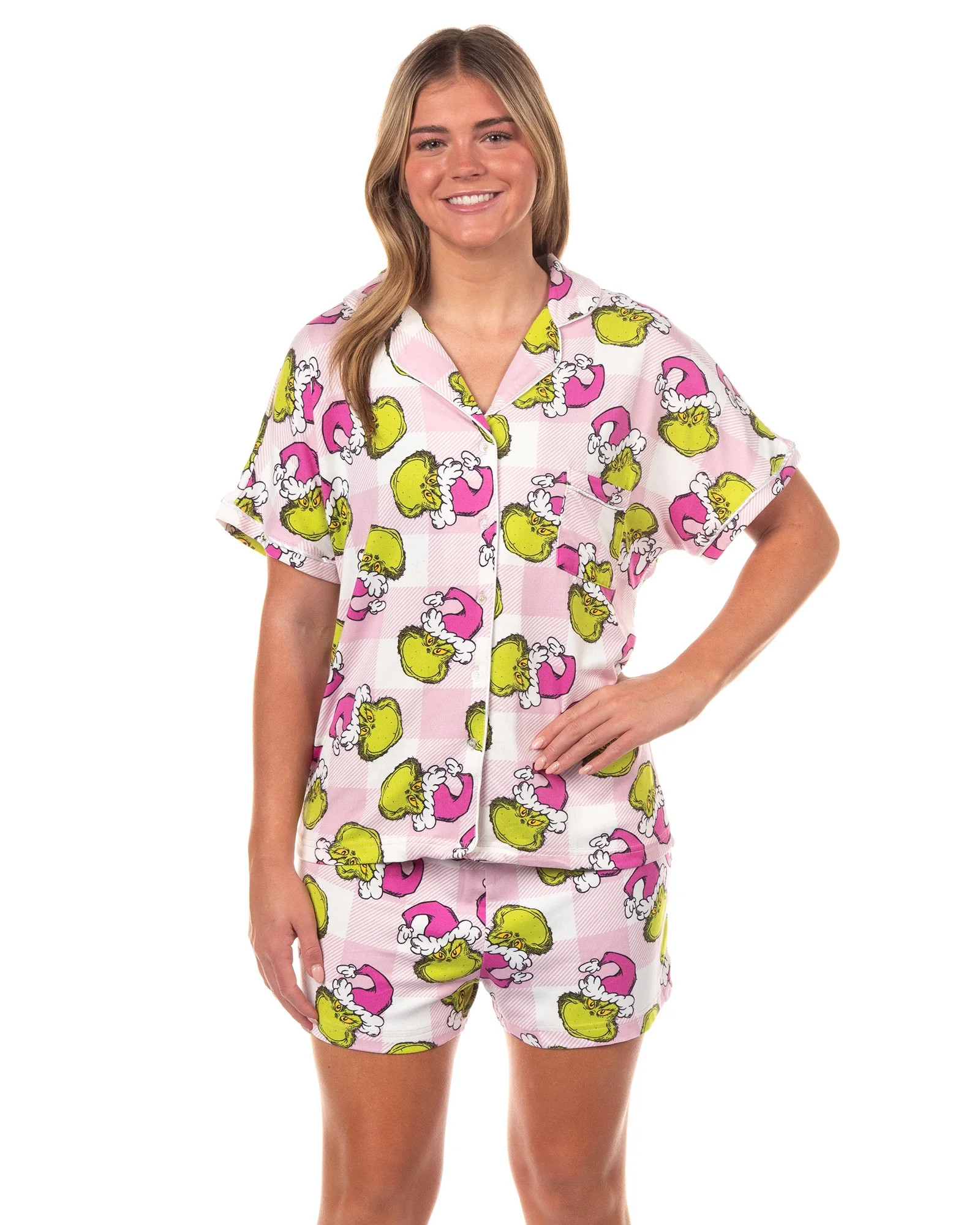 Dr. Seuss The Grinch Santa Pink Plaid Notch Collar Short 2-Piece Sleep Set | Walmart (US)