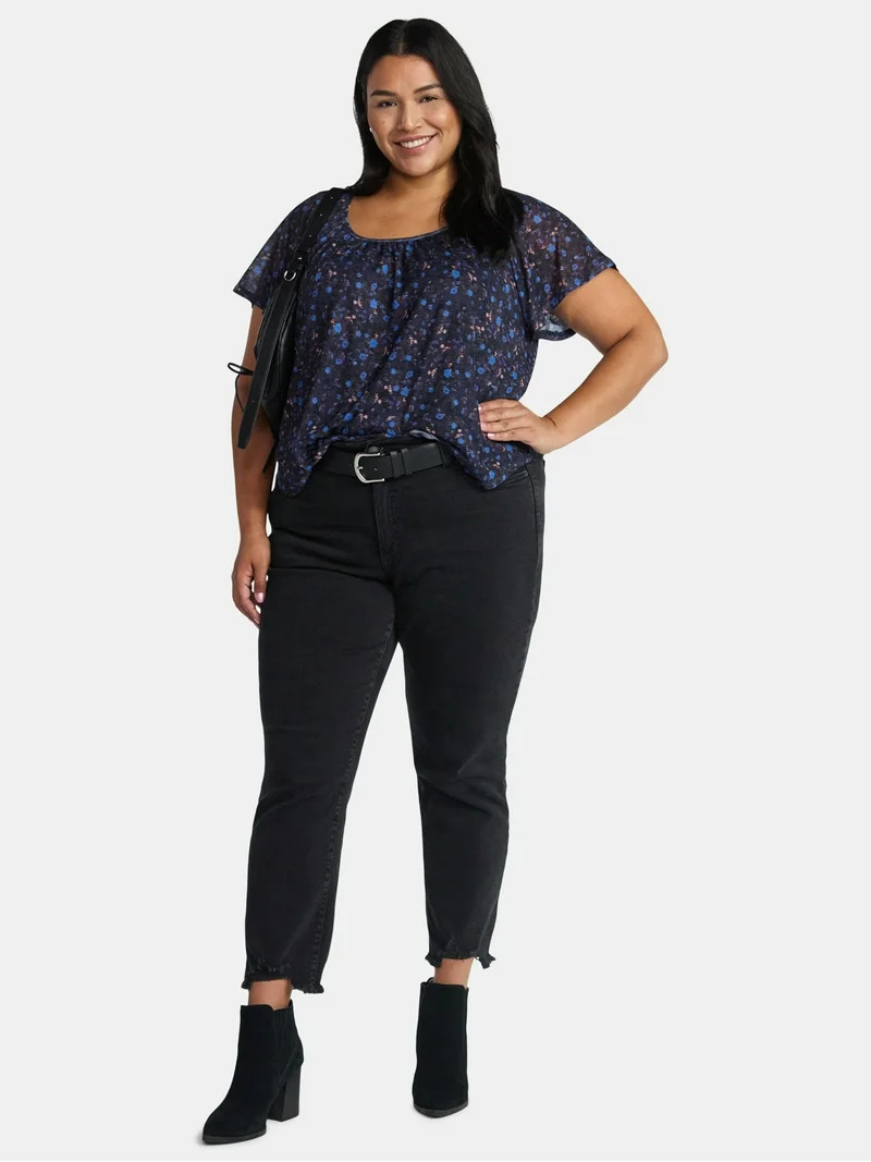 Time and Tru Women's High Rise Straight Leg Destructed Hem Jeans, 26" Inseam, Sizes 0-20 | Walmart (US)