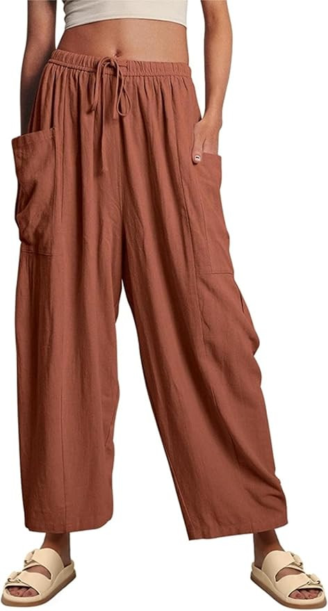 HangNiFang Cotton Linen Wide Leg Pants for Women High Waisted Beach Palazzo Harem Pants | Amazon (US)