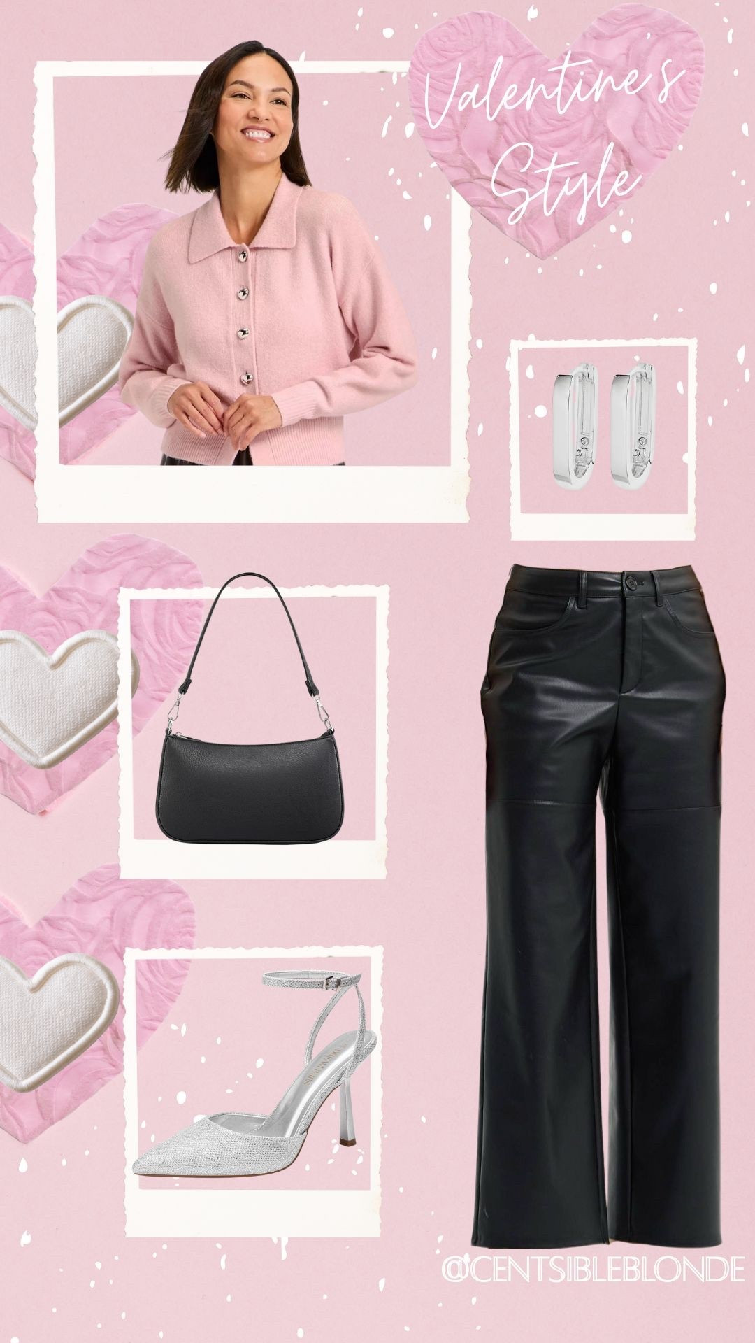 Valentine’s Day, Galentines day, vday, pink and black, pink cardigan, Black handbag, leather pants, black pants, pink sweater, silver heels, silver pumps, silver earrings, silver pointed toe heels

#LTKMidsize #LTKValentine #LTKootd