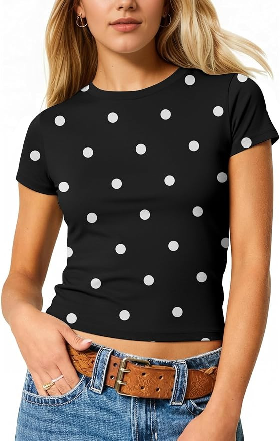 Lauweion Women's Polka Dot Crop Top Graphic Print Short Sleeve Crewneck Summer Baby Tee Polka Dot... | Amazon (US)
