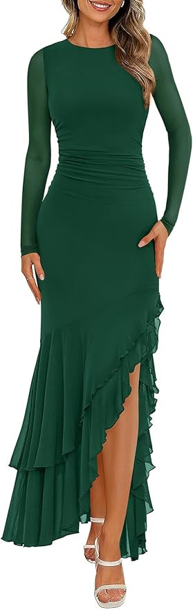 BTFBM Women's Maxi Dresses Fall 2025 Long Sleeve Ruched Bodycon Solid Ruffle Mermaid Cocktail Wed... | Amazon (US)