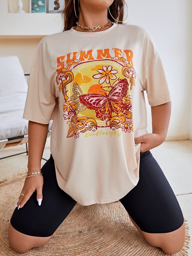 Plus Butterfly & Letter Graphic Drop Shoulder Tee | SHEIN