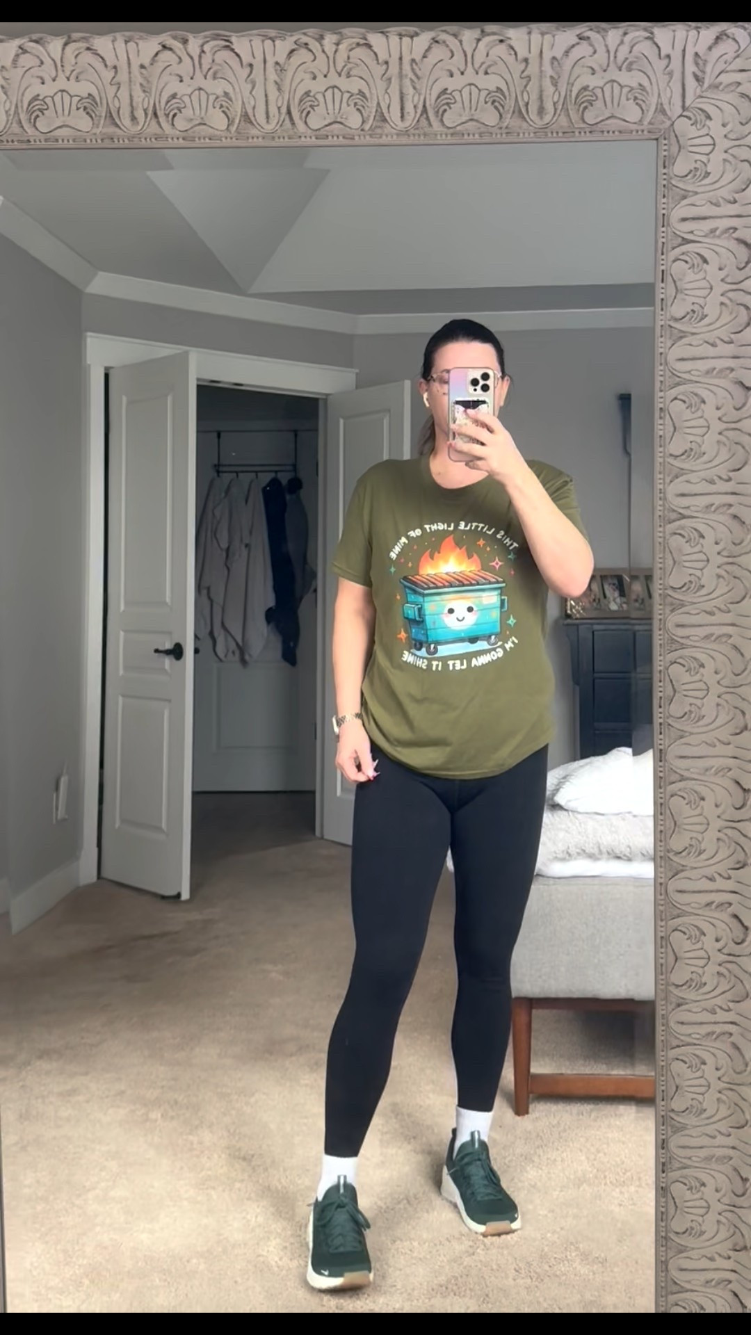 Another workout fit. Nike Metcons are always my go-to for leg day! Wearing 7.5 in shoes, medium in leggings and t-shirt. T-shirt is Amazon. 

#LTKMidsize #LTKActive #LTKOver40
