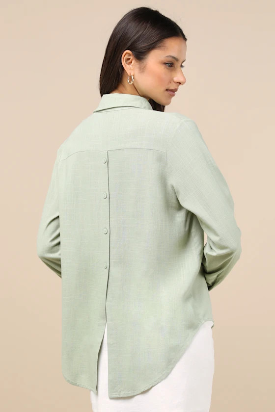 Notable Aesthetic Sage Green Linen Collared Button-Up Top | Lulus