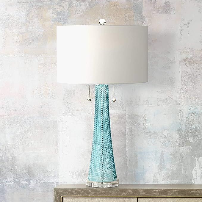 Miriam Modern Table Lamp 28.5" Tall Light Aqua Blue Textured Glass White Drum Shade for Living Ro... | Amazon (US)