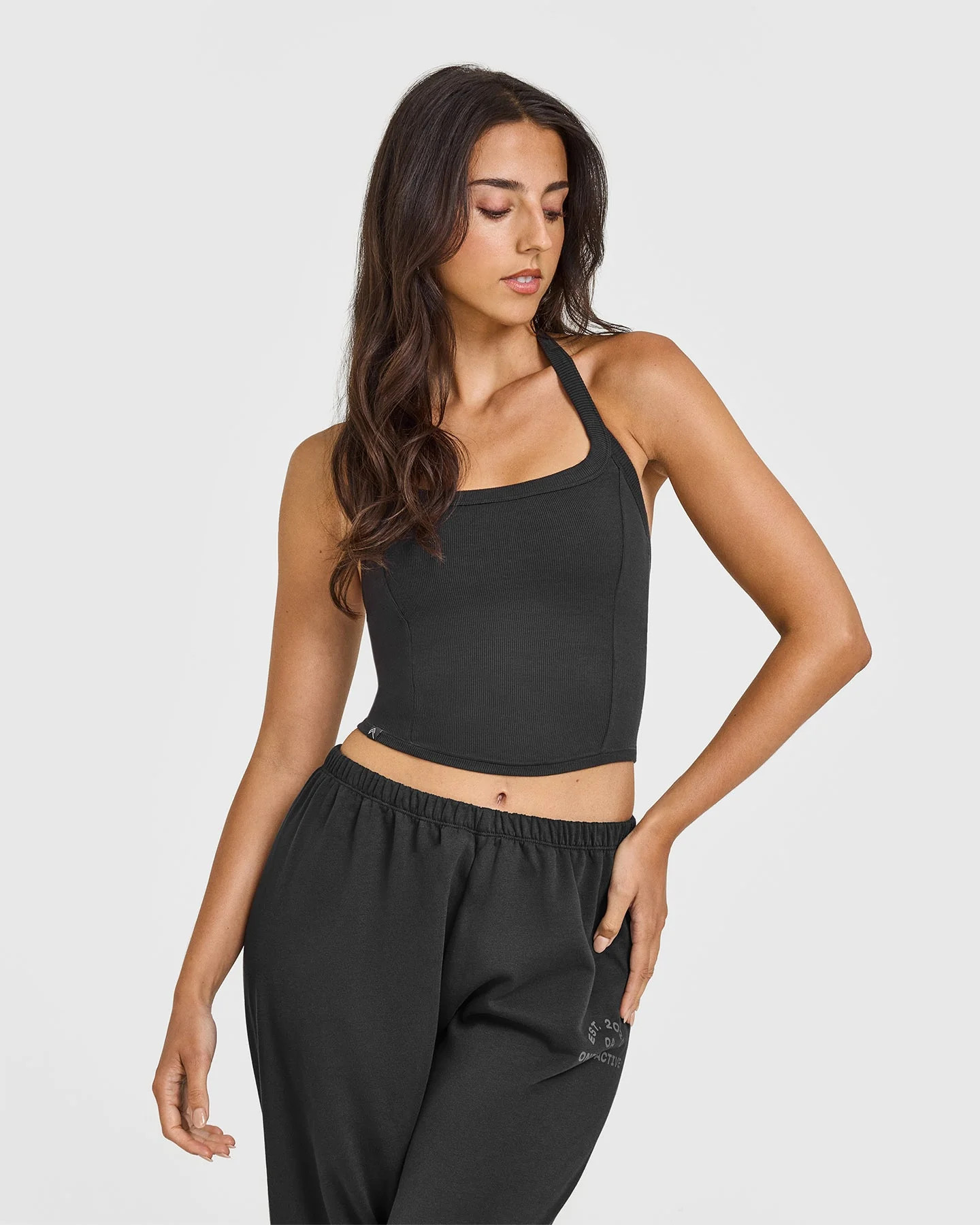 Mellow™ Rib Halter Neck Mid Vest with Built in Bra Shelf 
 Soft Black | Oner Active (UK / US)