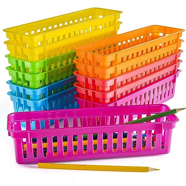 Small Classroom Basket Trays for Pens and Pencils, Assorted Colors (10 In, 12 Pack) | Amazon (US)