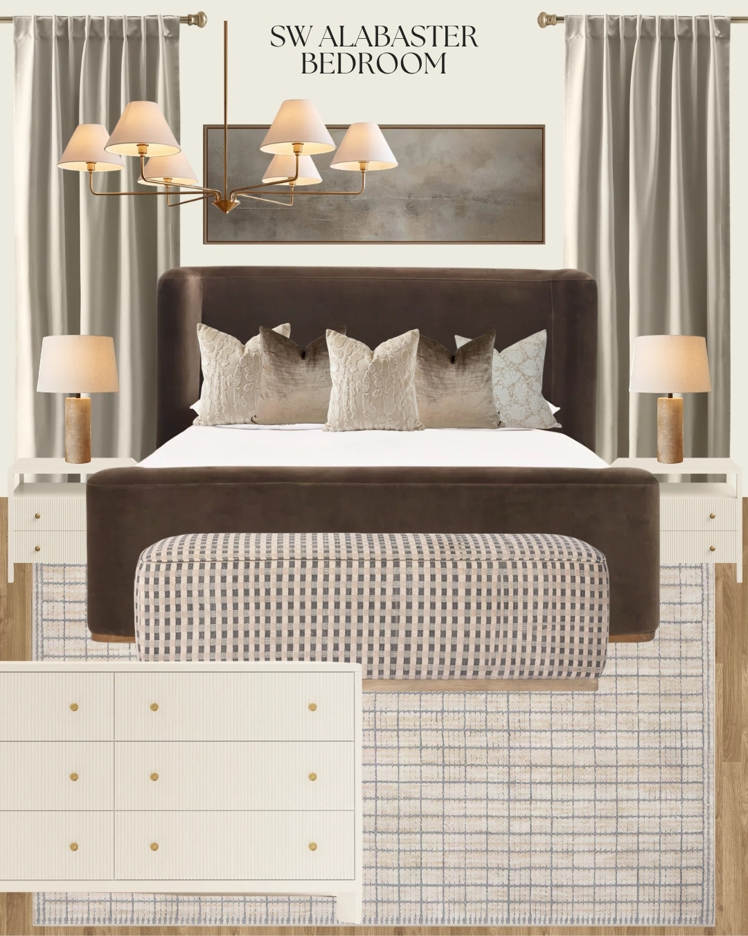 Modern Luxe Bedroom Mood Board, SW Alabaster Bedroom, Brown Velvet Bed, Modern Transitional Bedroom, Moody Bedroom Decor, Beige, Brown & Gold Bedroom Design, Neutral Home, Neutral Area Rug, Neutral Throw Pillows

#neutralhome #cozyhome #cozyinteriors #mcgee #transitional #luxehome #luxeinteriors #bedroom #bedroomdesign #bedroomdecor 

 #LTKHome #LTKSaleAlert