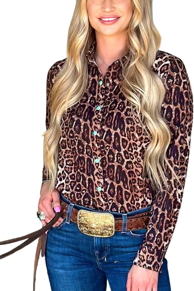 Womens Retro Aztec Pearl Snap Shirts Lapel Button Up Blouse Long Sleeve Cowgirl Ethnic Print Rode... | Amazon (US)