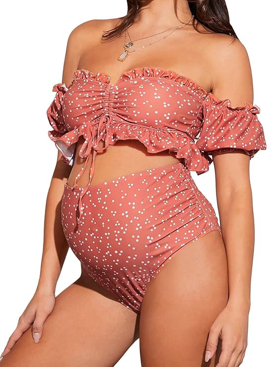 OYOANGLE Women's Maternity 2 Pieces High Waist Off Shoulder Ruffle Hem Bikini Set Swimsuit Pregna... | Amazon (US)