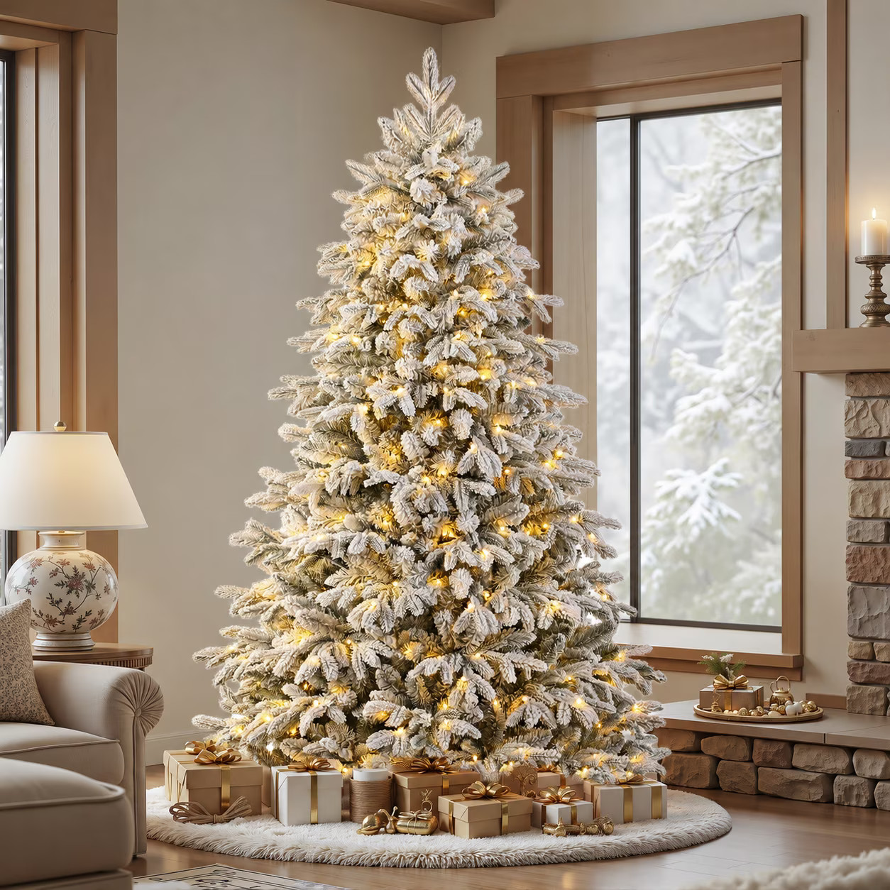 Lolsea 7ft Prelit Flocked Modern Luxury Cedar Christmas Tree with Remote Control, Timer and Warm White & Multi-Color Lights | Walmart (US)