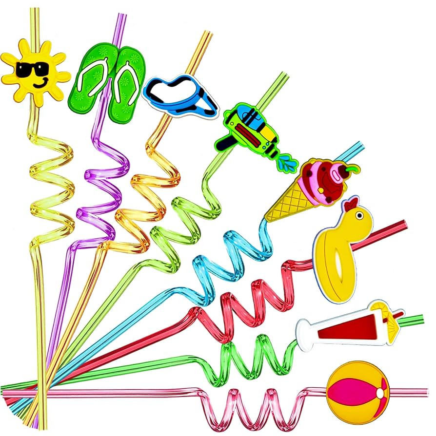 24 Pieces Beach Theme Reusable Shape Straws, Drink Straws Beach Ball Pool Summer Birthday Party F... | Amazon (US)