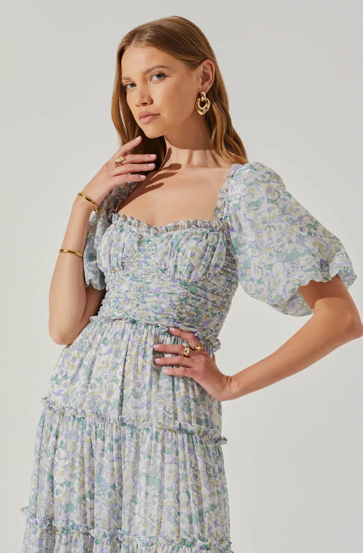 Prina Floral Puff Sleeve Tiered Midi Dress | ASTR The Label (US)