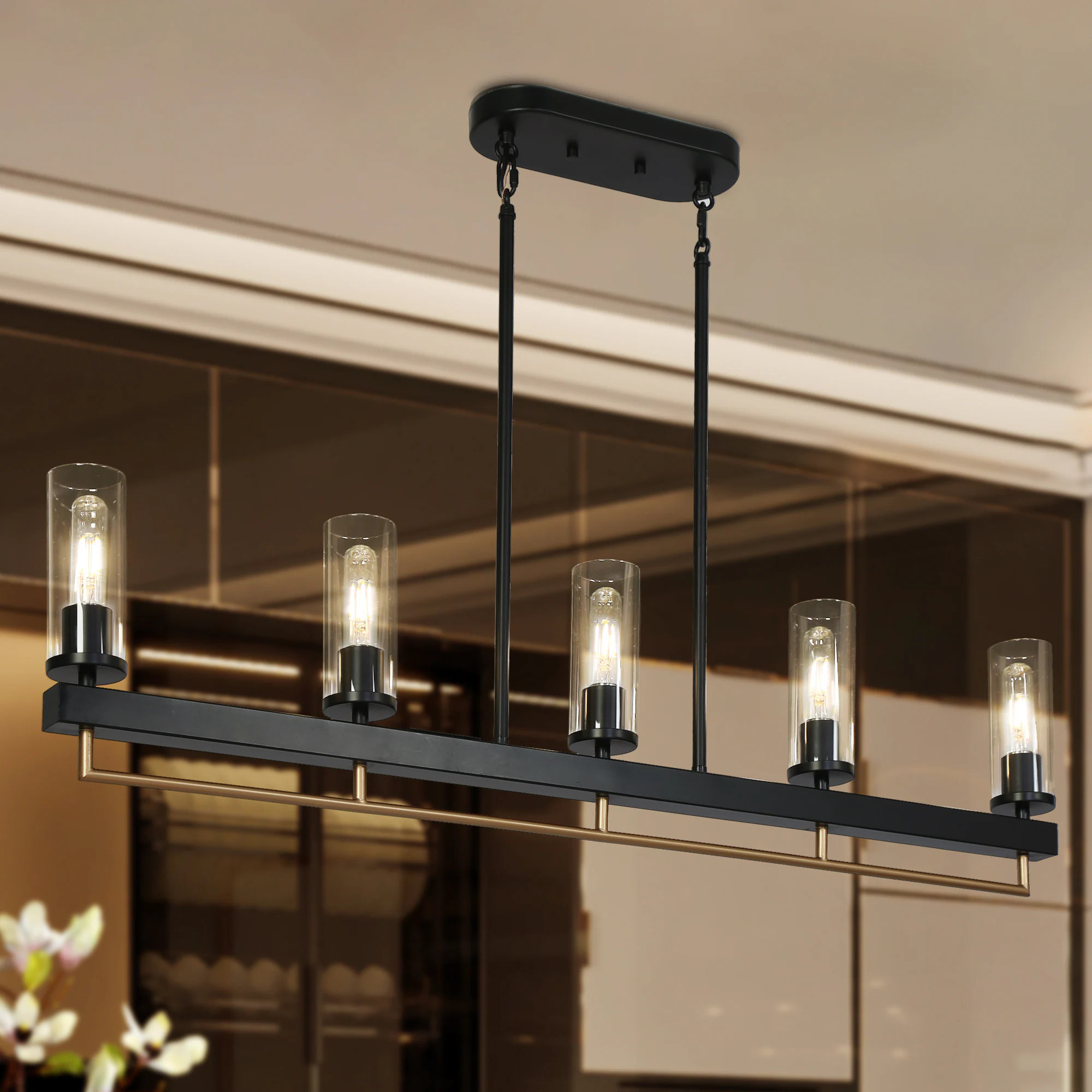 ZEVNI Éclatier 5 -Light Matte Black Linear Chandelier for Kitchen/Dining Modern/contemporary Clear glass Linear Large Hanging Kitchen Island Light | Lowe's