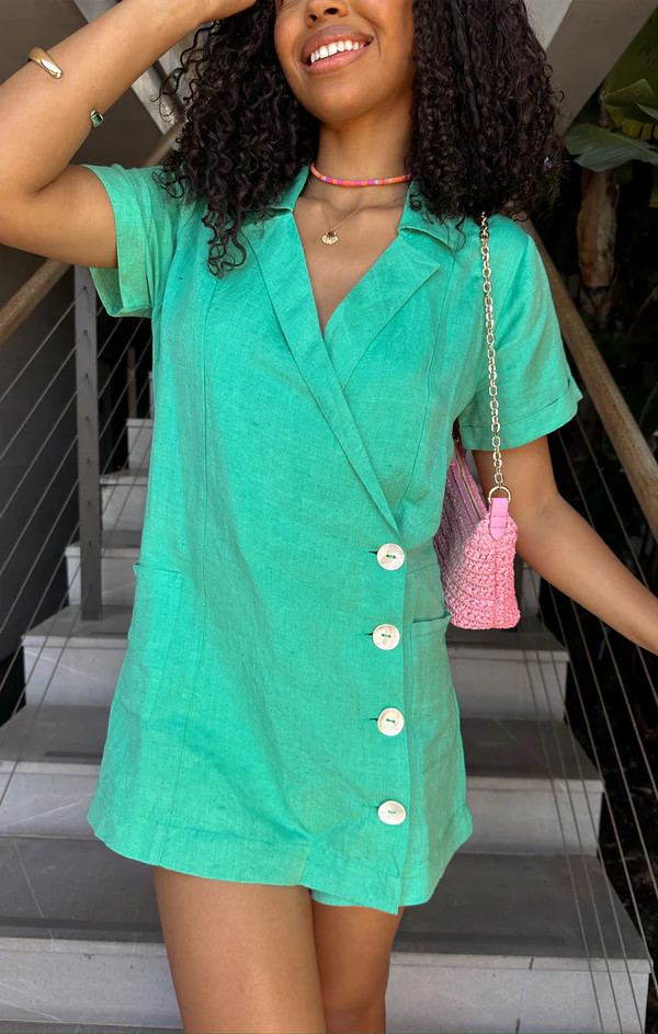 Bicoastal Blazer Romper ~ Seafoam Linen | Show Me Your Mumu