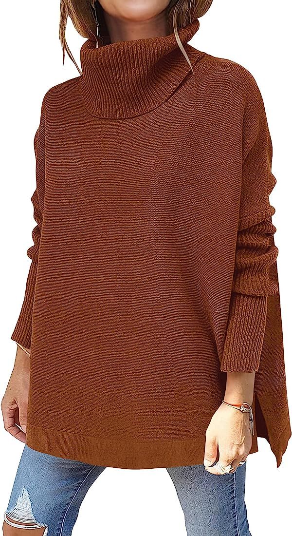 Caracilia Women's Turtleneck Oversized Knit Sweater 2022 Fall Long Batwing Sleeve Spilt Hem Pullo... | Amazon (US)