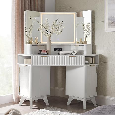 T4TREAM Fluted Makeup Vanity Desk with 3 Way Mirror and Lights, 48" Large Corner Vanity Table wit... | Amazon (US)